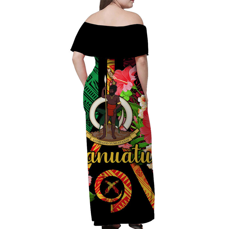 Black long off-shoulder dress, full back graphic with Vanuatu flag and florals