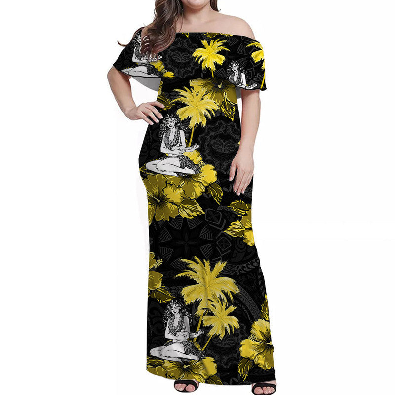 Off-shoulder long dress, black with yellow palm print and hula girl figures