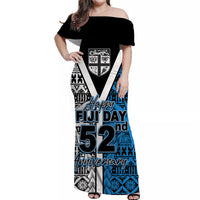 Women’s off-shoulder long dress with black and blue patterned print