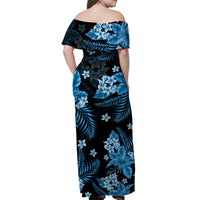 Women’s off-shoulder long dress, back view, blue floral and palm print on dark base