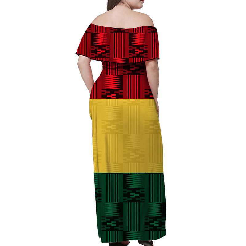 Women’s off-shoulder long dress, red to yellow and green blocks with Ghana flag mix print