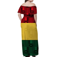 Women’s off-shoulder long dress, red to yellow and green blocks with Ghana flag mix print