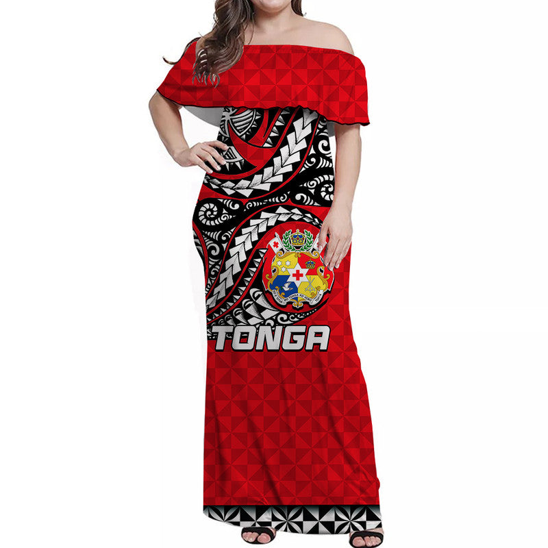 Red off-shoulder maxi dress front with TONGA text, crest patch, and tribal wave design