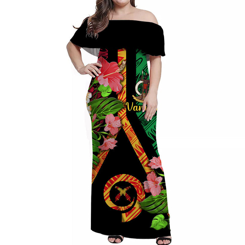 Black off-shoulder long dress with Vanuatu flag graphic and floral accents