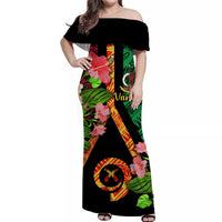 Black off-shoulder long dress with Vanuatu flag graphic and floral accents