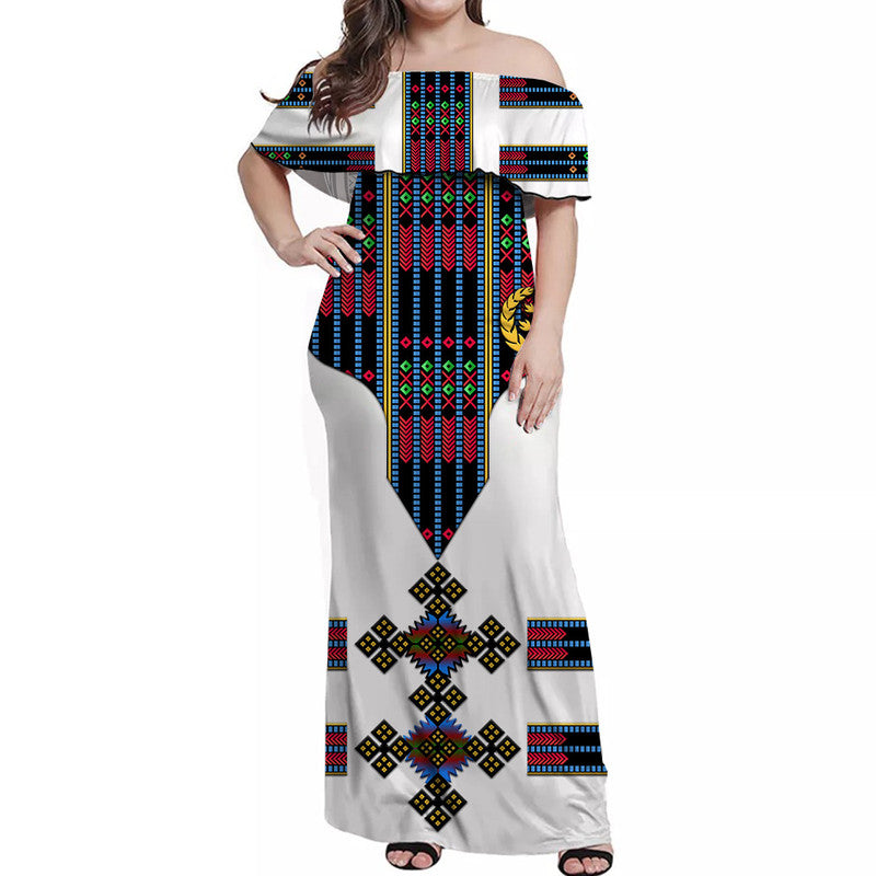 Off-shoulder long dress in white with navy, red & green geometric print