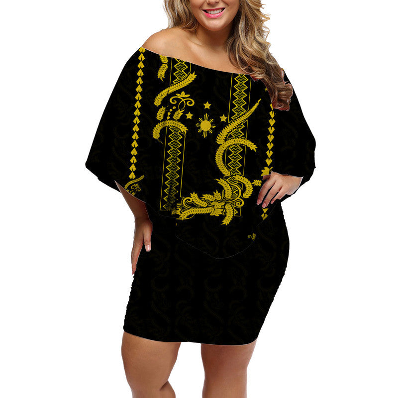 Women’s off-shoulder short dress, black with yellow barong-style embroidered pattern