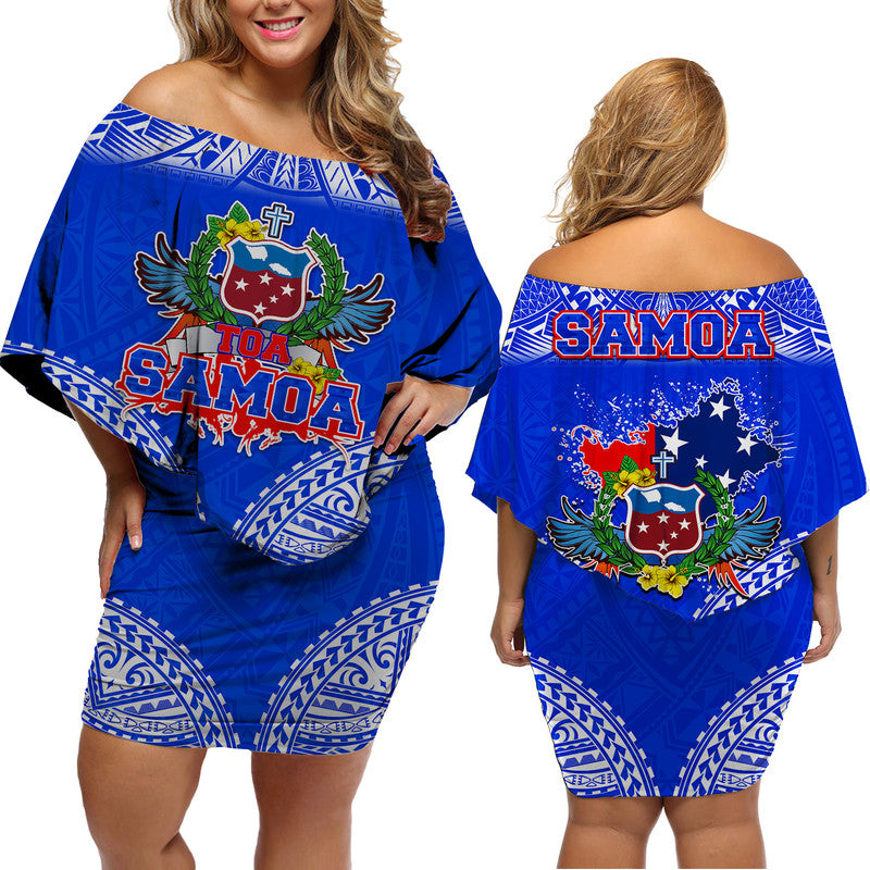 Toa Samoa Polynesian Rugby Women Off Shoulder Short Dress Samoan Flag Blue Color - Wonder Print Shop