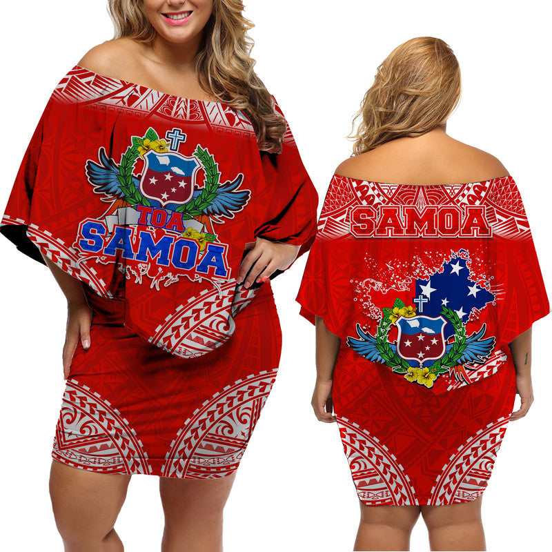 Toa Samoa Polynesian Rugby Women Off Shoulder Short Dress Samoan Flag Red Color - Wonder Print Shop