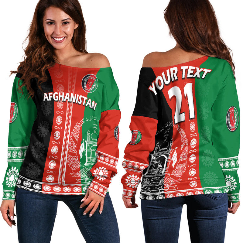 (Custom Text And Number) Afghanistan Men's Cricket Team Afghan Traditional Pattern Women Off Shoulder Sweater - Wonder Print Shop