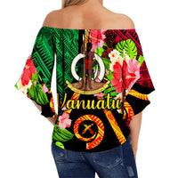Black off-shoulder waist wrap top with Vanuatu emblem and tropical flowers, wide sleeves