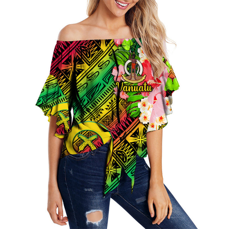Green off-shoulder waist wrap top with Vanuatu emblem floral tribal print, tie front