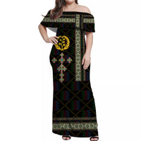 Off-shoulder long dress, black geometric print with multicolor border panels