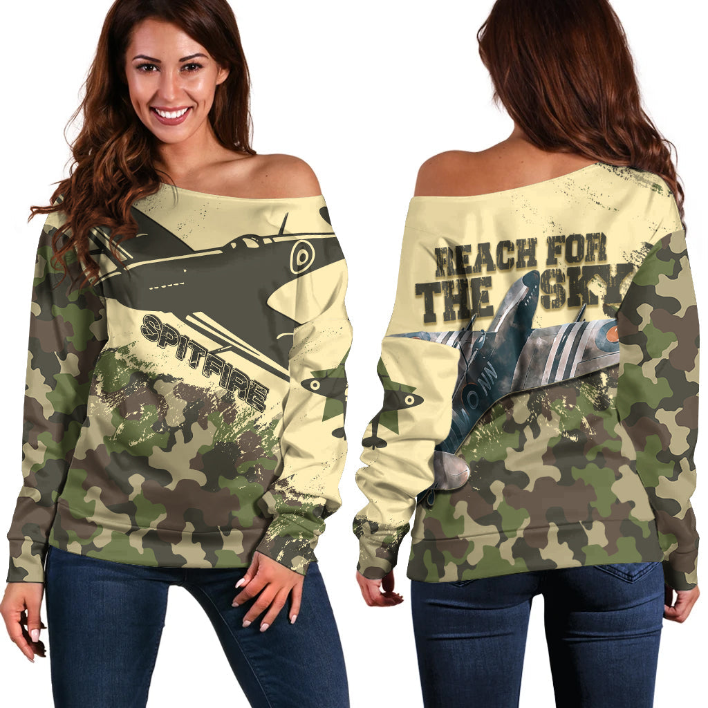 Women’s off-shoulder camouflage sweater shown front and back with Spitfire graphic