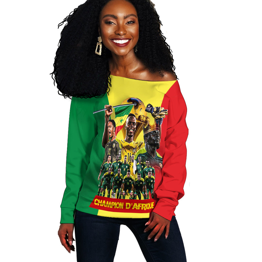 Senegal Football Champion D'Afrique Off Shoulder Sweater Senegal Flag - Wonder Print Shop