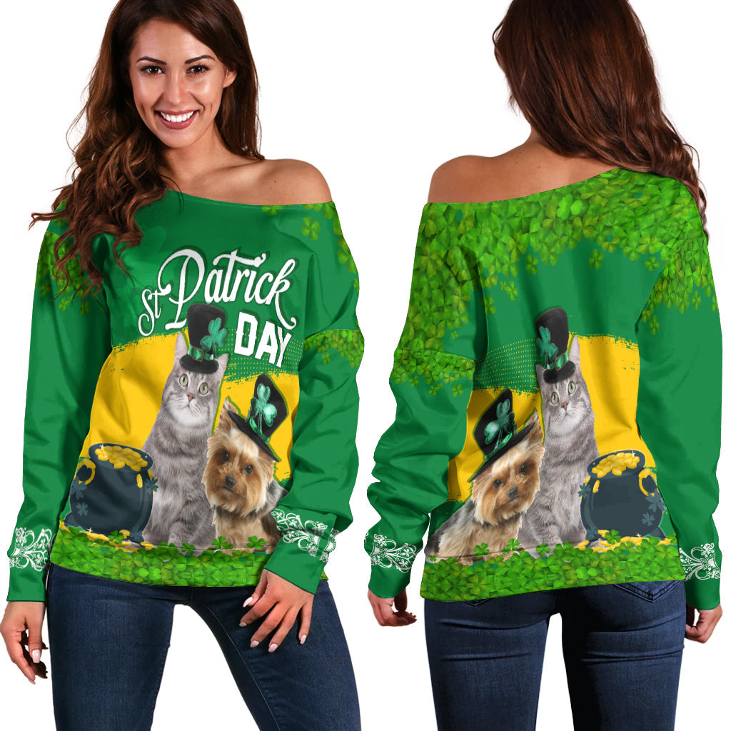 Green off-shoulder St. Patrick Day sweater, pets graphic in leprechaun hat