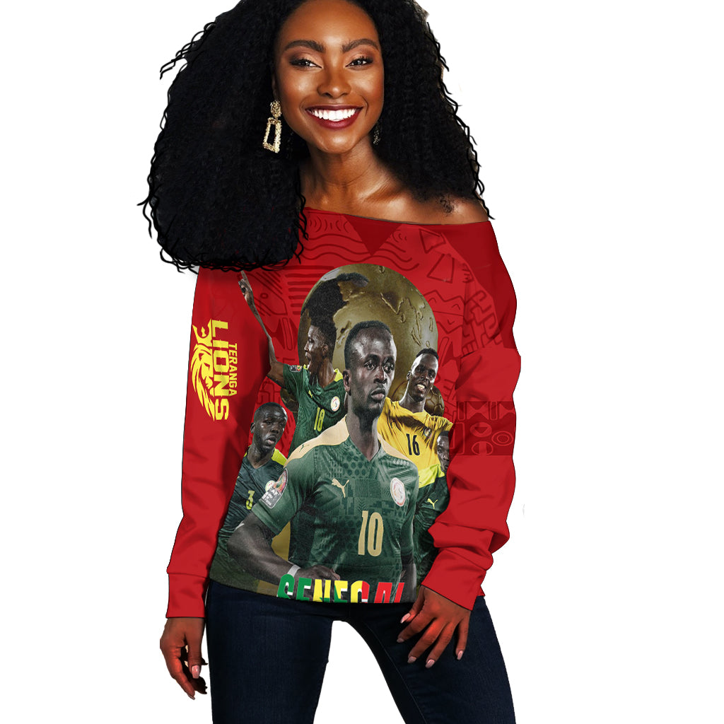 Red off-shoulder sweater with Senegal champions player graphic, long sleeves