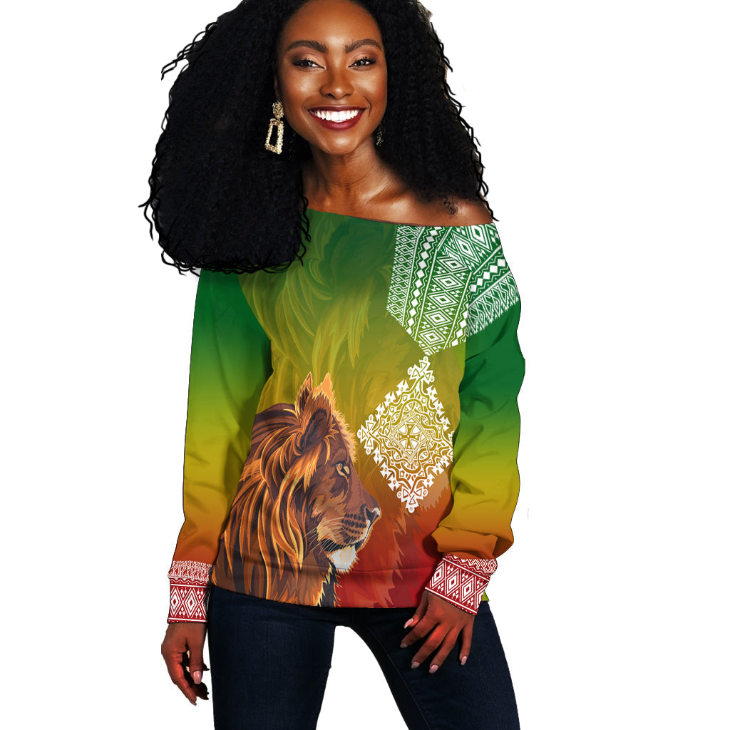 Off-shoulder sweater with lion design, Ethiopia flag gradient, women, multicolor