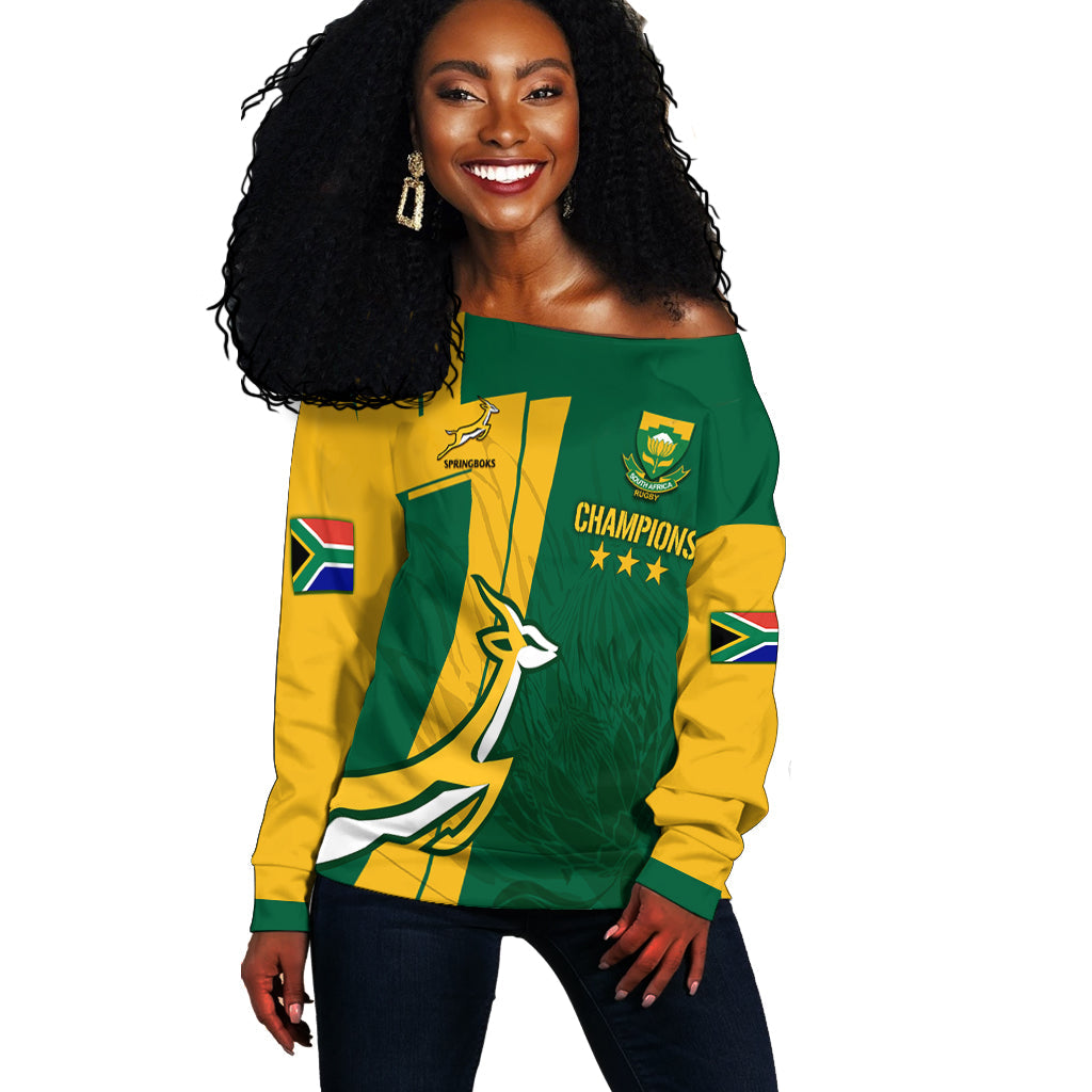 Green off-shoulder rugby sweater with yellow sleeves and Champions graphic front