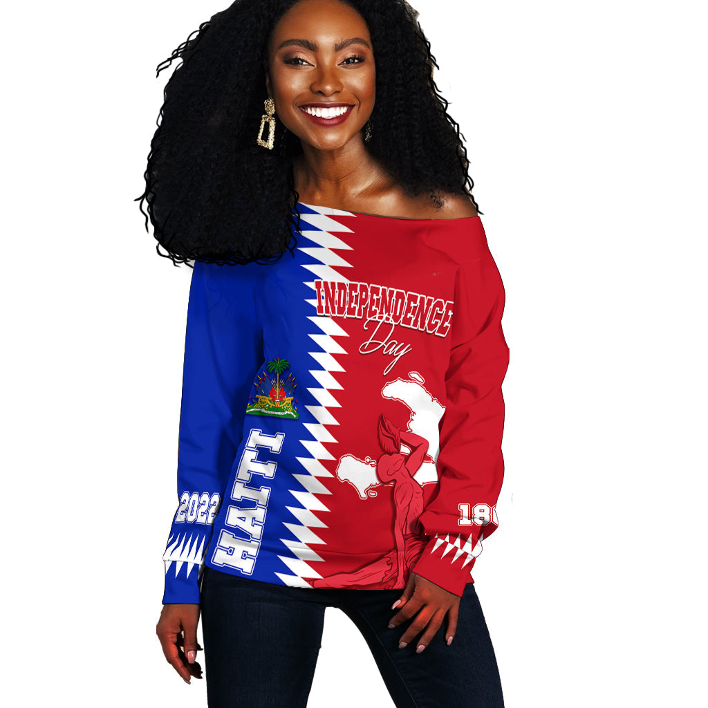 Off-shoulder sweater in red/blue with white Independence Day graphic