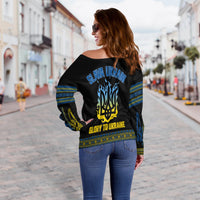 Black off-shoulder sweater back print: SLAVA UKRAINI and GLORY TO UKRAINE, blue/yellow