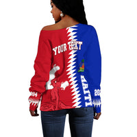 Off-shoulder sweater red/blue with white back graphic and YOUR TEXT