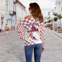 Women’s off-shoulder sweater with checkerboard pattern and “HRVATSKA” text
