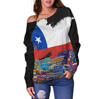 Off-shoulder black sweater with Chile flag stripe and skyline graphic