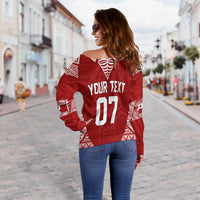 Red off-shoulder rugby sweater back view with large “YOUR TEXT” and number 07 print