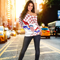 Off-shoulder sweater with red-and-white checkerboard, Croatia flag-style print