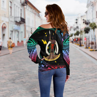Women’s off-shoulder sweater, black with colorful back graphic and tribal motifs