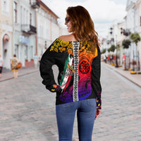 Off-shoulder sweater back view with sugar skull and Mexico flag on black