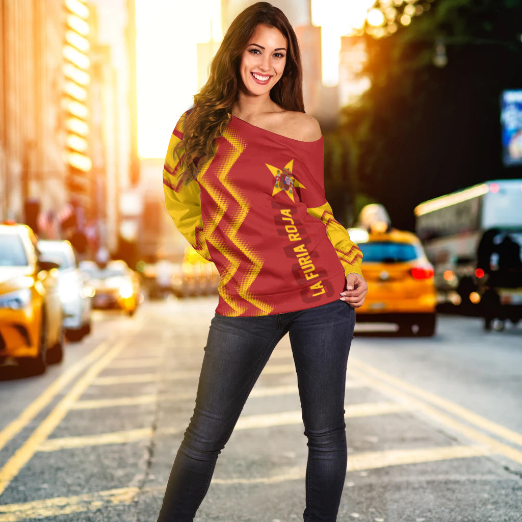 Womens off-shoulder sweater in red with yellow zigzag and Spain graphic print