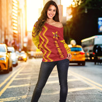 Womens off-shoulder sweater in red with yellow zigzag and Spain graphic print