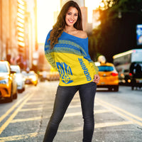 Off-shoulder folk print sweater, yellow and blue with wide neckline.