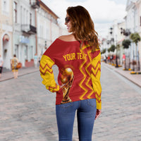 Womens off-shoulder sweater back, red with yellow zigzag and 'YOUR TEXT' graphic
