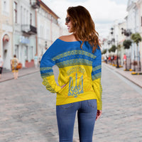 Off-shoulder folk print sweater, yellow and blue, long sleeves, back view.