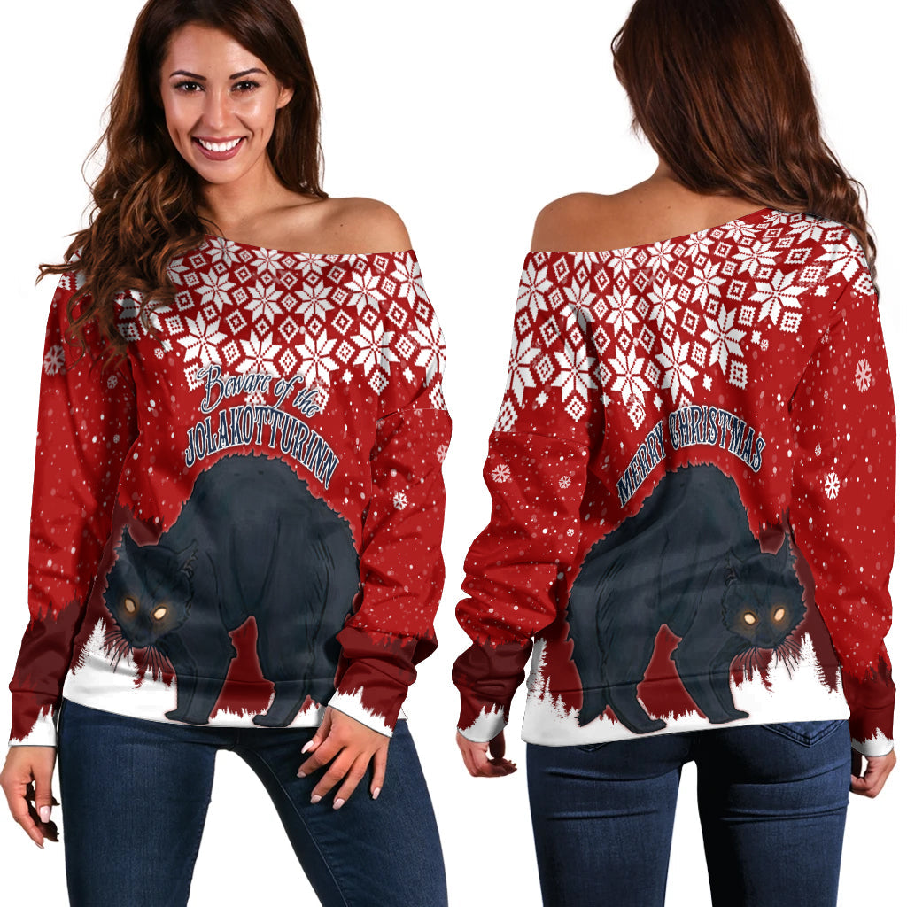 Women’s red off-shoulder Christmas sweater with snowflake print and cat graphic, long sleeves