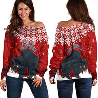 Women’s red off-shoulder Christmas sweater with snowflake print and cat graphic, long sleeves