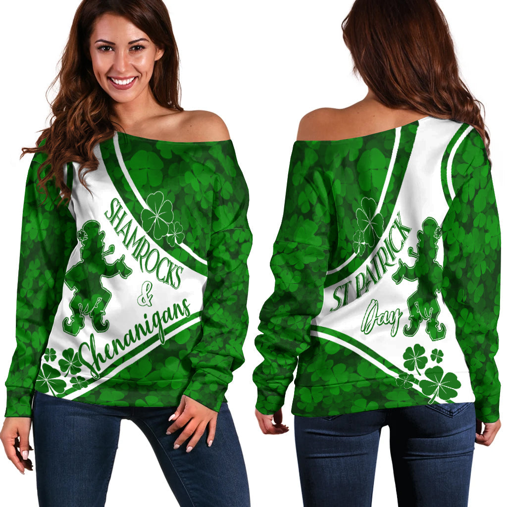 Green off-shoulder sweater with shamrock pattern and white 'Shamrocks & Shenanigans' print