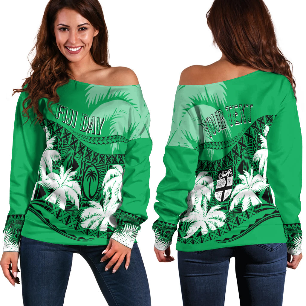 Green off-shoulder sweater, long sleeves, large Fiji Day graphic print