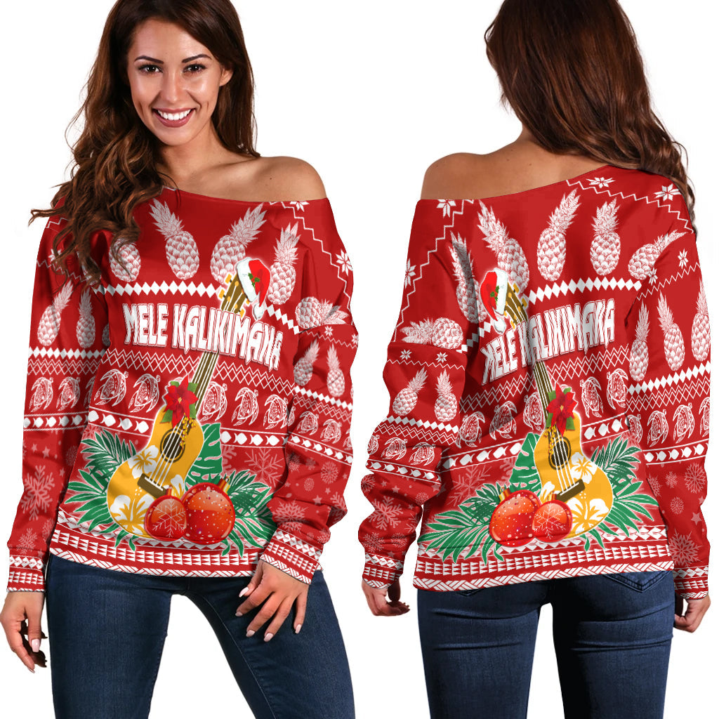 Red off-shoulder long-sleeve sweater with white zigzag and pineapples holiday print
