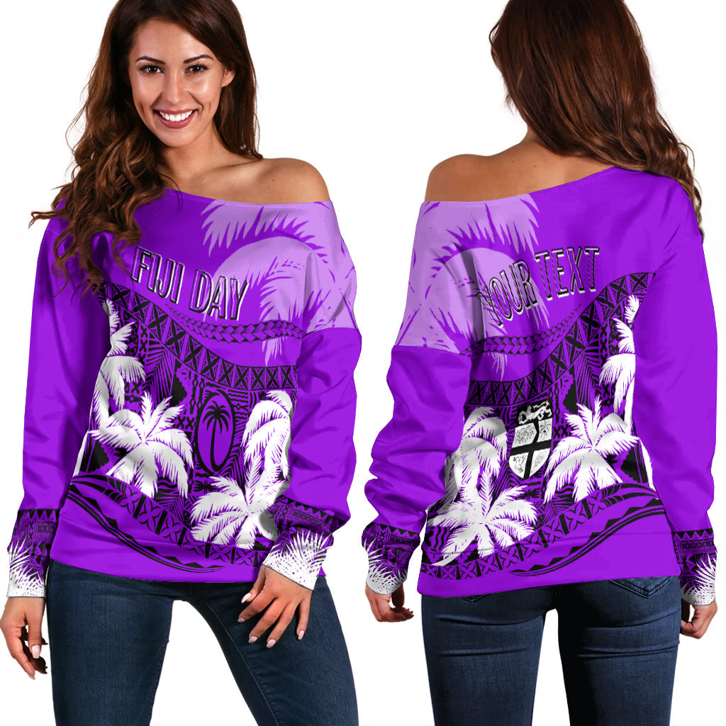 Purple off-shoulder sweater with palm tree and geometric tribal graphic print