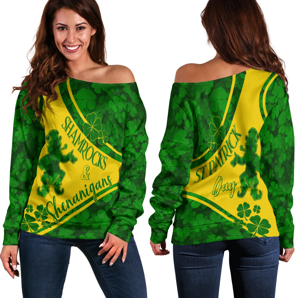 Saint Patrick Day Off Shoulder Sweater Shamrocks And Shenanigans - Gold Style - Wonder Print Shop