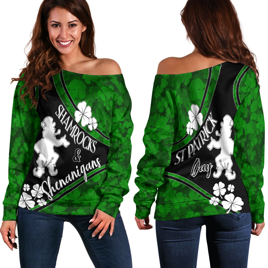 Saint Patrick Day Off Shoulder Sweater Shamrocks And Shenanigans - Black Style - Wonder Print Shop