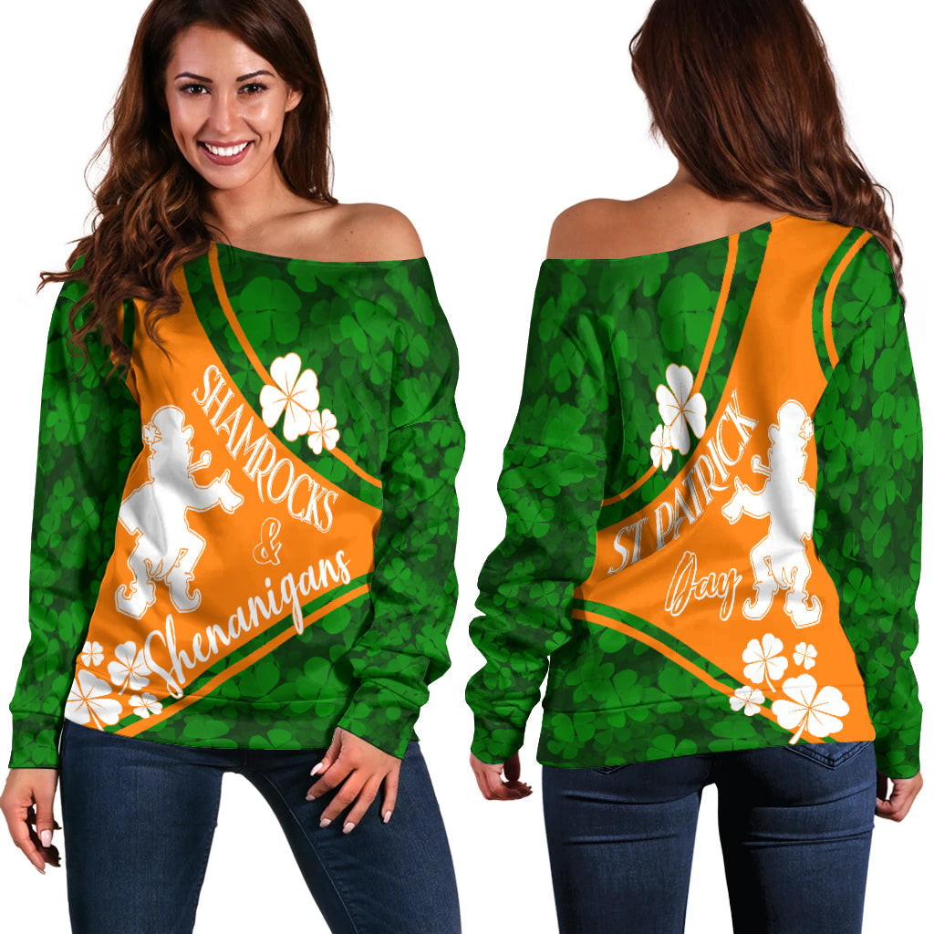 Saint Patrick Day Off Shoulder Sweater Shamrocks And Shenanigans - Irish Flag Style - Wonder Print Shop