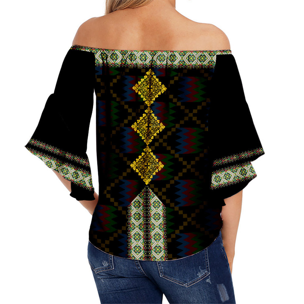 Women’s off-shoulder waist wrap top, black back view with vertical tile cross