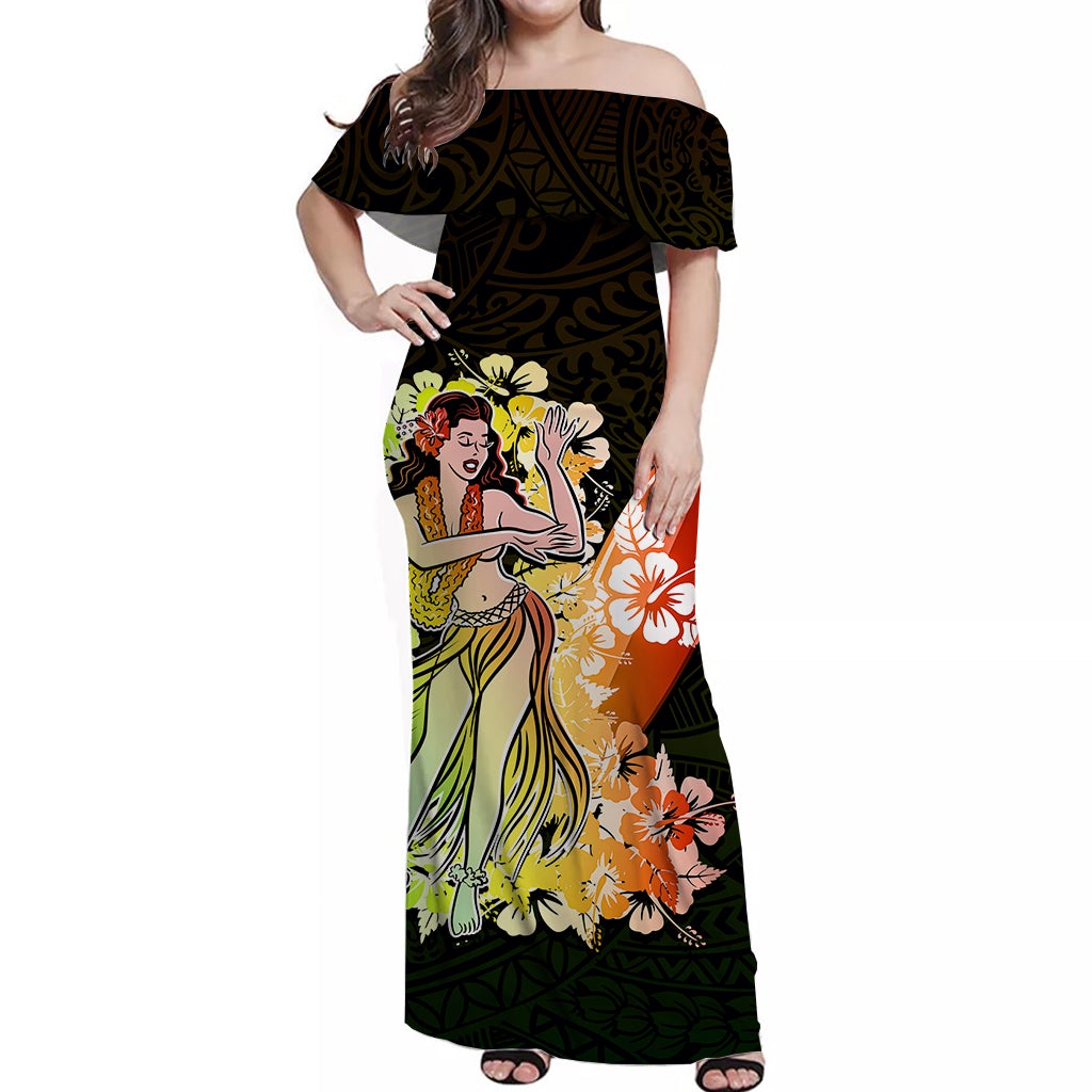 Women’s off-shoulder long maxi dress, dark base with colorful floral hula print