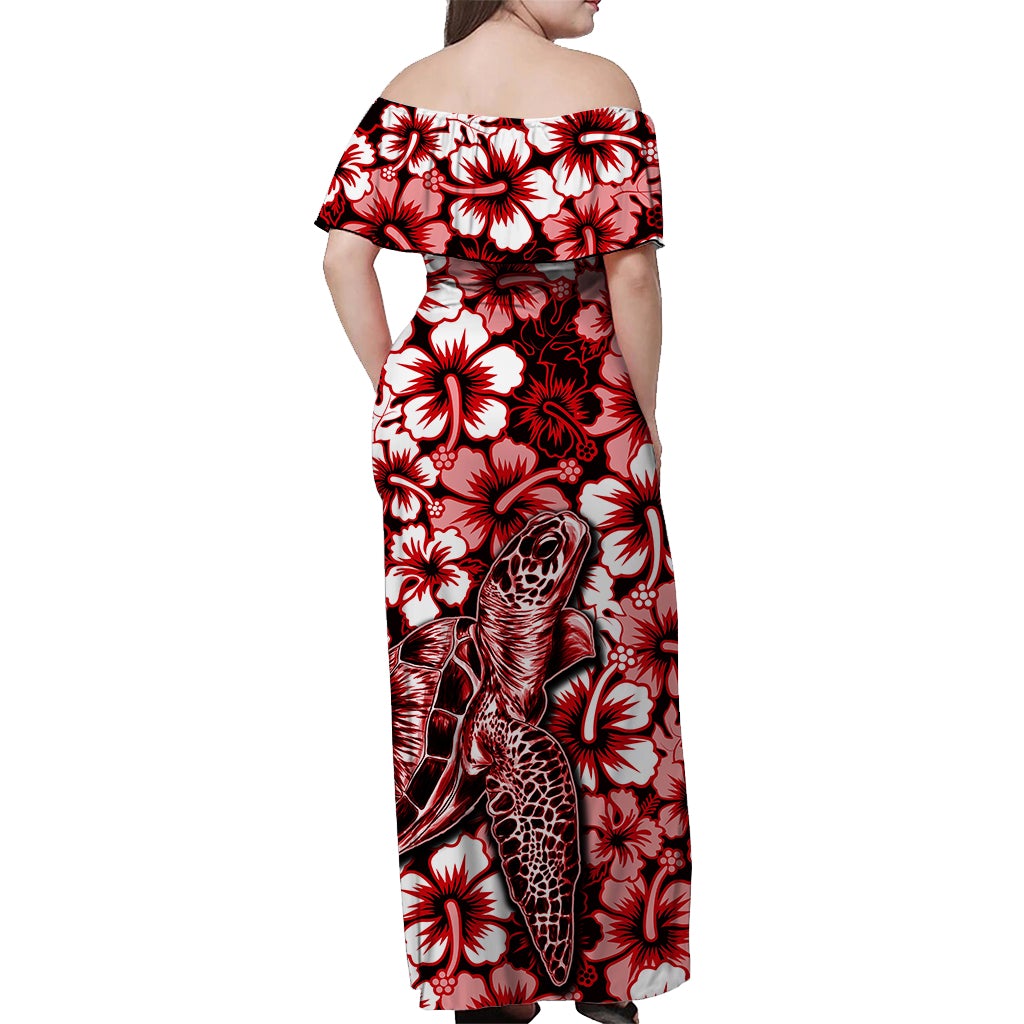 Women’s off-shoulder long dress back view, red floral and sea turtle print