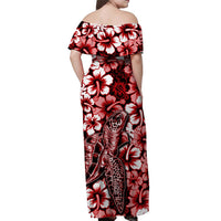Women’s off-shoulder long dress back view, red floral and sea turtle print